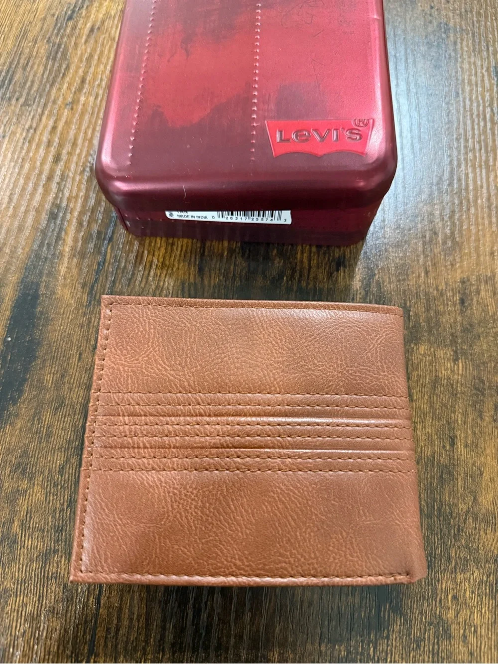 Levi's Brown Leather Bifold Wallet with Red Metal Case